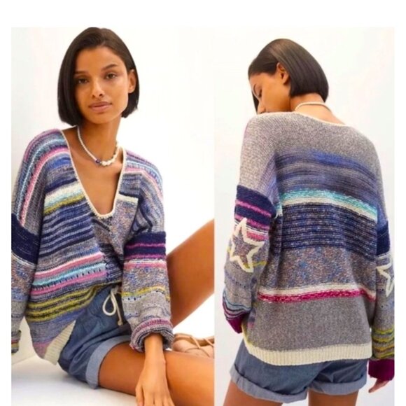 Pilcro Colorblock Patchwork Knit Sweater Star Sleeve Oversized Slouchy Size S - Picture 1 of 11